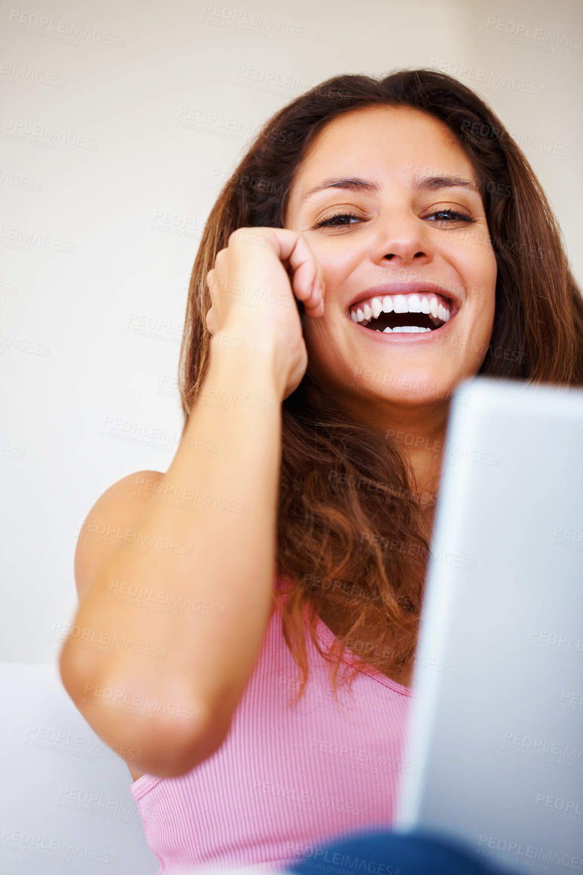 Buy stock photo Happy, phone call and portrait of woman laughing at comic, funny or comedy joke in conversation at home. Smile, technology and person from Canada on mobile discussion with cellphone in modern house.