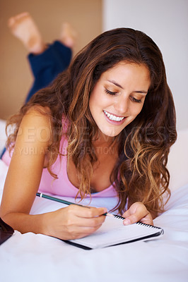 Buy stock photo Young, woman and writing in diary in bedroom with idea for vision of future. Female person, student or creative by notebook for journaling, goals or aspiration in home for peace, wellness or relaxing