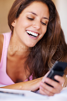 Buy stock photo Female person, student or laugh for smartphone by social media for funny joke, post or meme. Girl, college and mobile app for connectivity by cellular network for message, chat or texting on internet