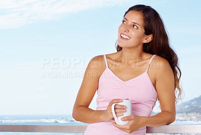 Buy stock photo Thinking, balcony and woman by ocean with coffee for summer holiday, vacation and weekend. Travel, hotel resort and person with smile for adventure, happiness and freedom with scenic view of nature