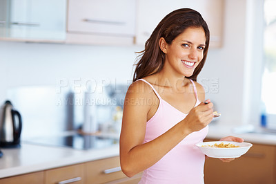 Buy stock photo Breakfast, happy and portrait of woman in kitchen for healthy eating, diet and nutrition at home. Food, morning and person smile with bowl of cereal for energy, vitamins and wellness to start day