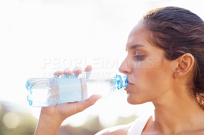 Buy stock photo Drinking water, fitness and woman outdoor for running, wellness or training on white background. Sports, liquid and face profile of female runner outside for exercise, workout or morning cardio run