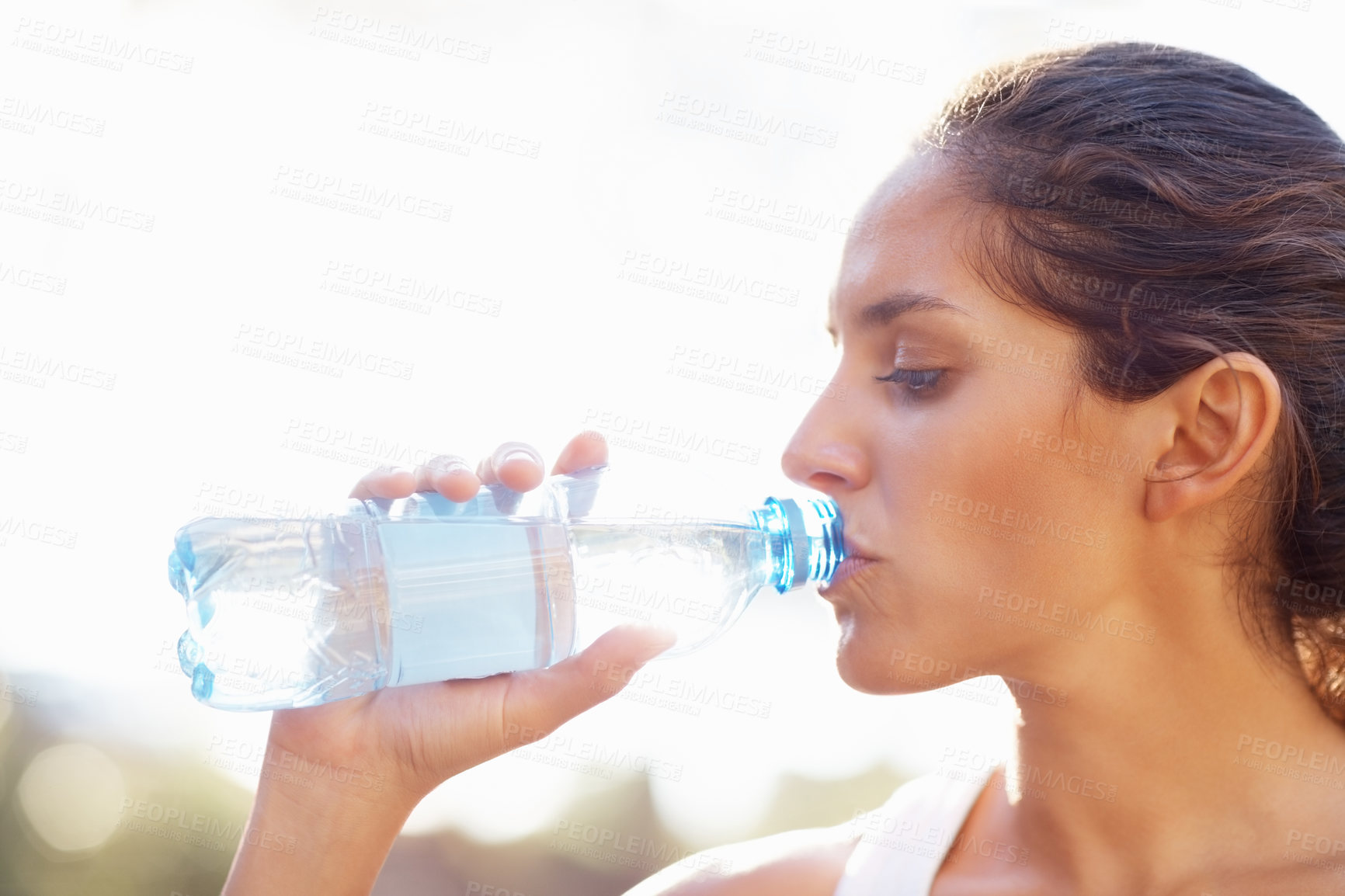 Buy stock photo Drinking water, fitness and woman outdoor for running, wellness or training on white background. Sports, liquid and face profile of female runner outside for exercise, workout or morning cardio run