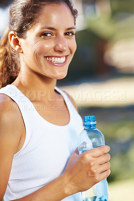 Buy stock photo Fitness, portrait and happy woman with water in a park for running, wellness or weight loss training. Sports, liquid or runner face in nature for exercise with positive mindset, energy or attitude 