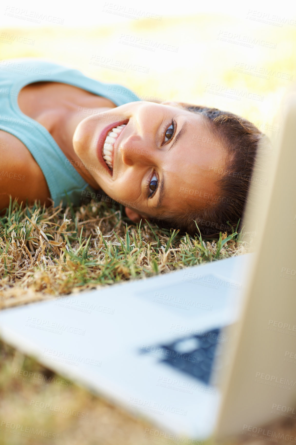 Buy stock photo Grass, laptop and portrait of girl, rest and student in park, relax and studying for exam with smile. Outdoor, person and woman in lawn, nature and happy with computer, online and internet for search