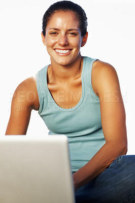 Buy stock photo Portrait, happy and woman on ground with laptop for internet research, scholarship and studying for assessment. Computer, smile and student girl outdoor with online class for education and knowledge