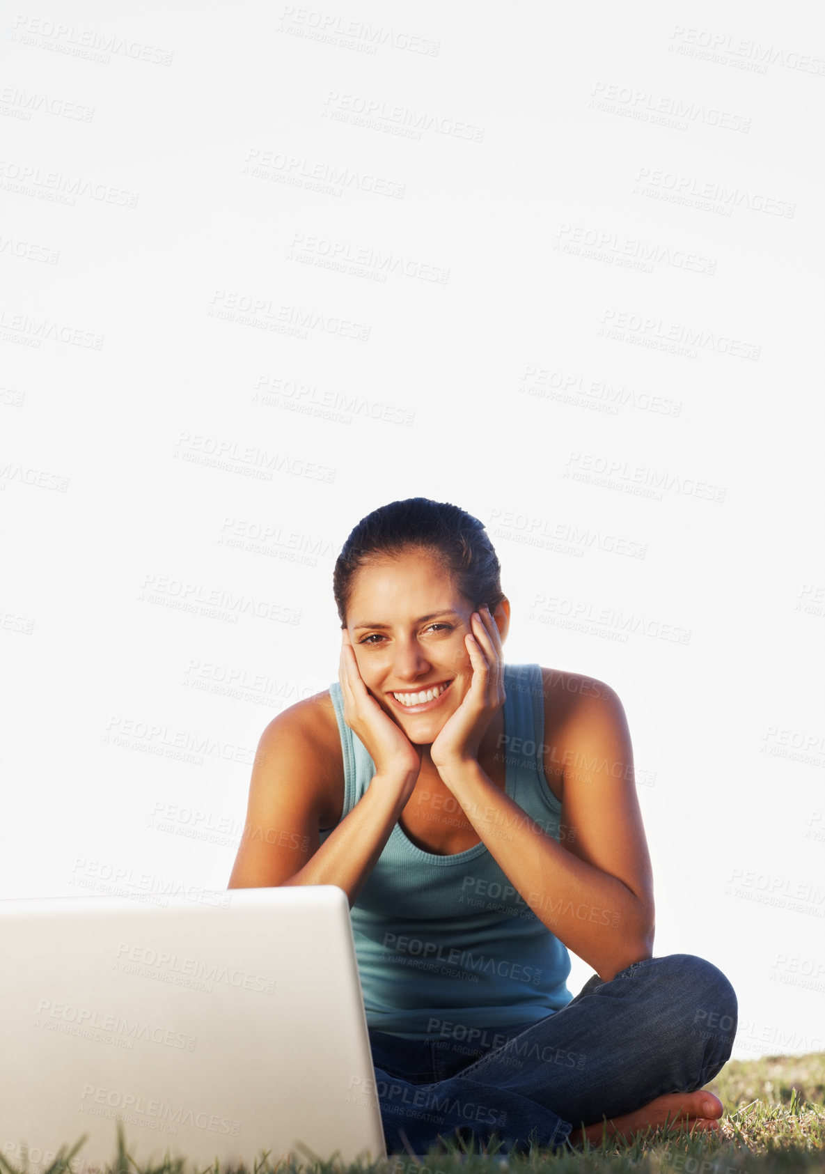 Buy stock photo Portrait, smile and woman on grass with laptop for internet research, scholarship and studying for assessment. Computer, happy and student girl on lawn with online class for education and knowledge