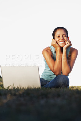 Buy stock photo Grass, laptop and portrait of girl, relax and student in park, rest and studying for exam with smile. Outdoor, person and woman in lawn, nature and happy with computer, online and internet for search