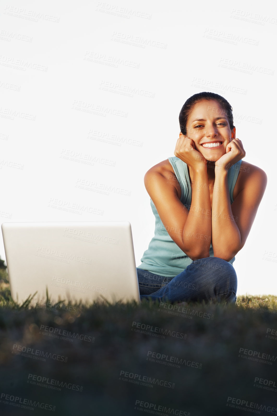 Buy stock photo Grass, laptop and portrait of girl, relax and student in park, rest and studying for exam with smile. Outdoor, person and woman in lawn, nature and happy with computer, online and internet for search