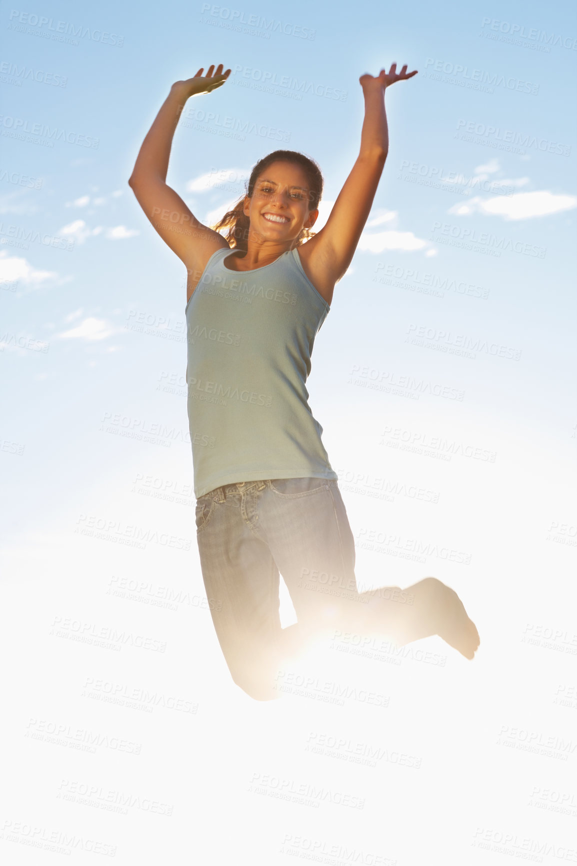 Buy stock photo Student, portrait and woman with jump for celebration, winning academic award and goal achievement outdoor. Happy, girl and air jumping for success with college milestone and excited for test results