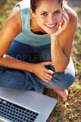 Buy stock photo Grass, laptop and portrait of girl, above and student in park, relax or studying for exam with smile. Outdoor, person and woman in lawn, nature and happy with computer, online and internet for search