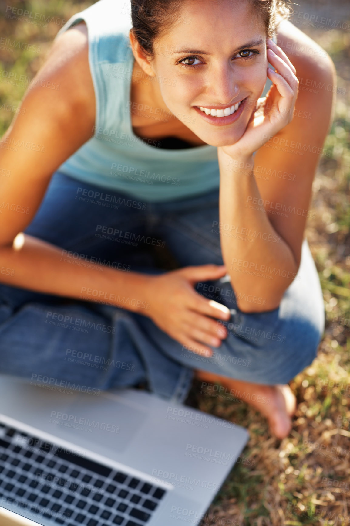 Buy stock photo Grass, laptop and portrait of girl, above and student in park, relax or studying for exam with smile. Outdoor, person and woman in lawn, nature and happy with computer, online and internet for search