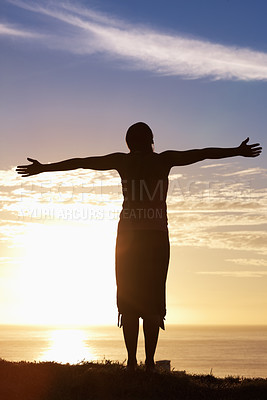 Buy stock photo Sunset, beach and woman with open arms freedom in nature for vacation celebration on sky background. Night, travel and person at the ocean with energy, success or gratitude for fresh air or holiday