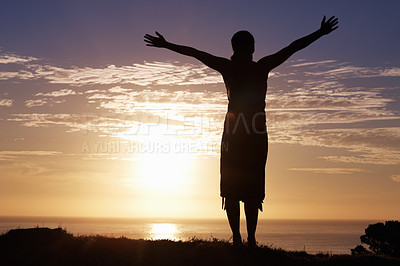 Buy stock photo Beach, sunset and woman with open arms freedom in nature for vacation celebration on sky background. Night, travel and person at the ocean with energy, success or silhouette with fresh air on holiday