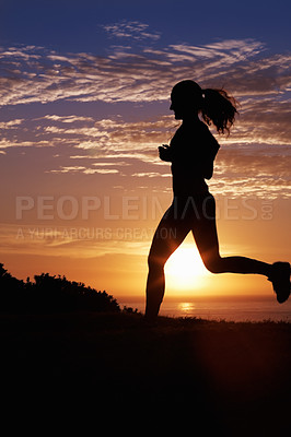 Buy stock photo Woman silhouette, running on beach and sunset for fitness, outdoor training and running for body health with shadow. Sports person or runner with exercise by ocean, nature or cardio on a hill mockup