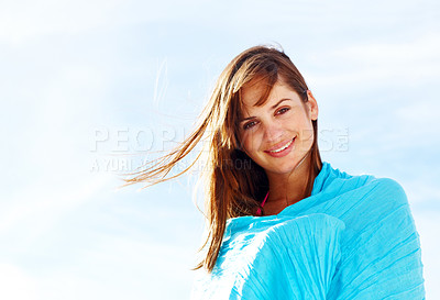 Buy stock photo Smile, blue sky and portrait of woman with scarf outdoor on summer vacation, travel or holiday. Happy, material and female person with texture fabric on body in nature on weekend trip in Germany.