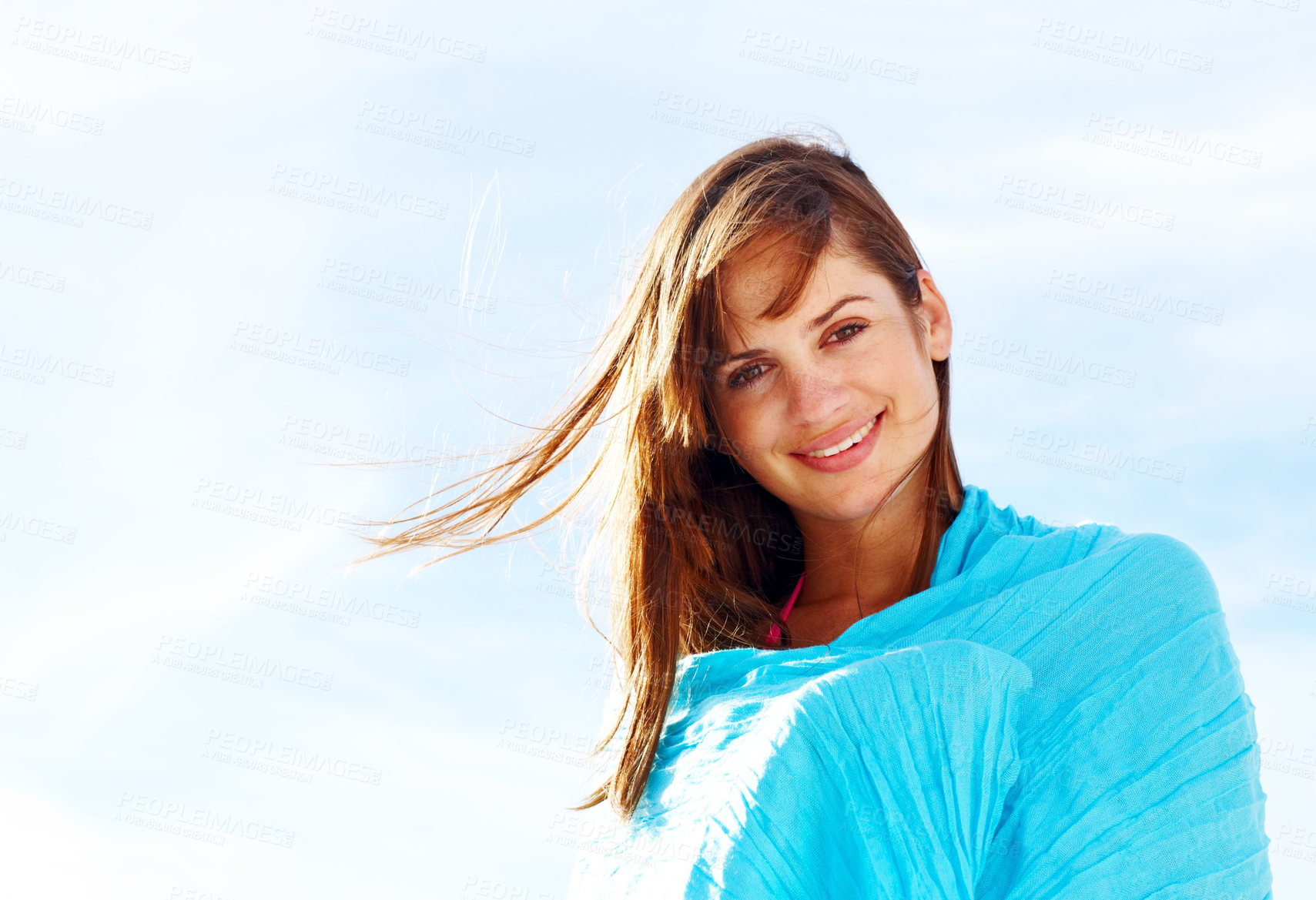 Buy stock photo Smile, blue sky and portrait of woman with scarf outdoor on summer vacation, travel or holiday. Happy, material and female person with texture fabric on body in nature on weekend trip in Germany.