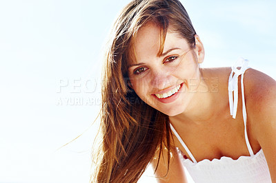 Buy stock photo Blue sky, beach and woman with smile for portrait, travel or summer vacation on tropical island. Girl, relax and happy with peace for break, getaway and tourism outdoors in Greece with holiday