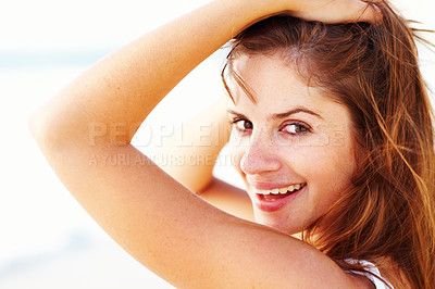 Buy stock photo Portrait, sea or happy woman on holiday to relax on outdoor vacation for break or paradise in Ibiza. Tourist, girl or female person with smile at ocean, nature or beach with peace, wellness or travel