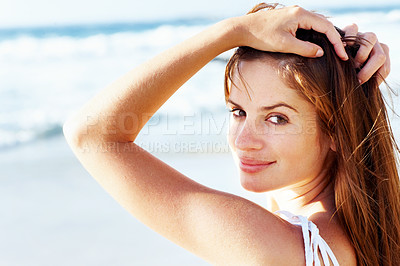 Buy stock photo Portrait, beach or woman on holiday vacation to relax on outdoor adventure, break or paradise in Ibiza. Tourist, island or girl with confidence at ocean, nature or sea with peace, wellness or travel