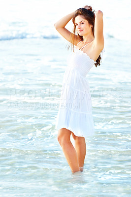 Buy stock photo Thinking, beach or woman in water to relax on outdoor vacation, adventure or break in Ibiza. Tourist, confident girl or female person on holiday at ocean, nature or sea with peace, wellness or travel