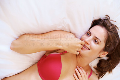 Buy stock photo Woman, thinking and relax in lingerie on bed from above with creative idea for fashion in home. Happy, girl and sexy model with smile in underwear, bra and morning in bedroom with sensual choice