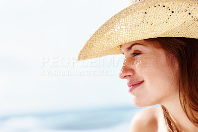 Buy stock photo Thinking, woman and beach with vacation, holiday and summer with happiness, smile and nature. Person, travelling and girl with a hat, relaxing and cheerful with joy, adventure and journey with break