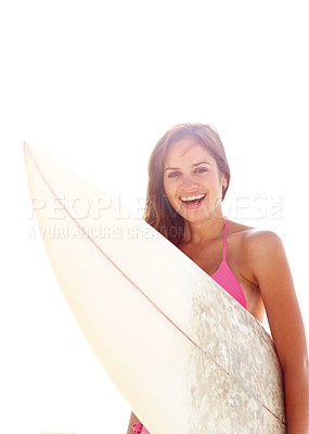 Buy stock photo Portrait, surfboard and happy woman in bikini at ocean for summer vacation, travel adventure or tropical island. Relax, surfing and girl at beach for holiday with waves, sunshine and smile in Hawaii.