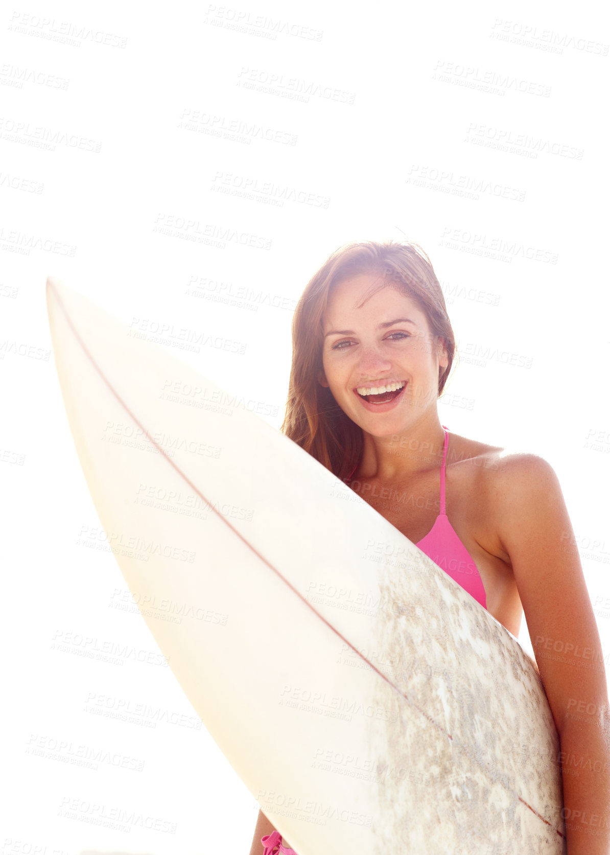 Buy stock photo Portrait, surfboard and happy woman in bikini at ocean for summer vacation, travel adventure or tropical island. Relax, surfing and girl at beach for holiday with waves, sunshine and smile in Hawaii.