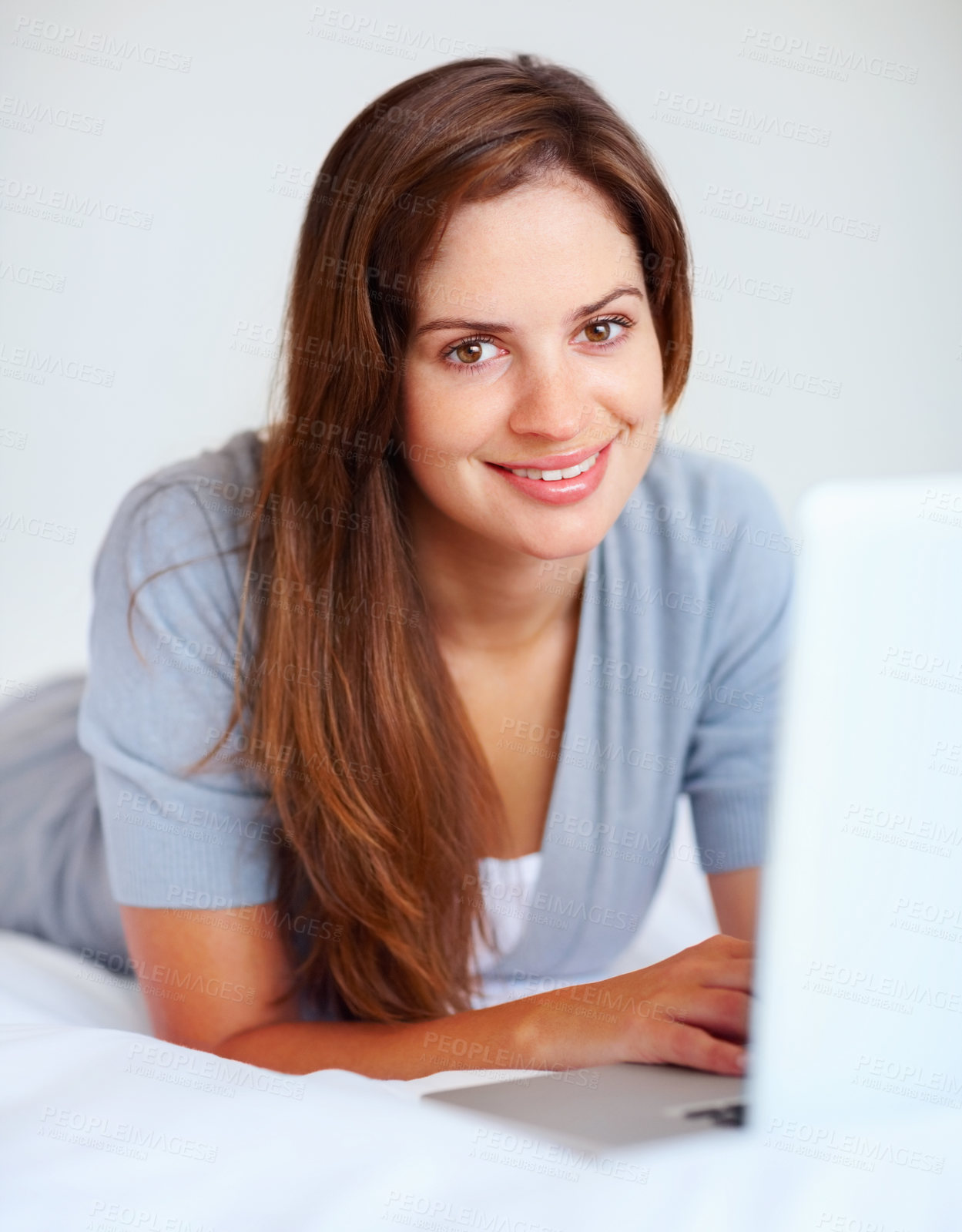 Buy stock photo Home, portrait and woman with a laptop, happiness and connection with network, technology and relax. Face, person and girl with a computer, internet and website information with a break and smile