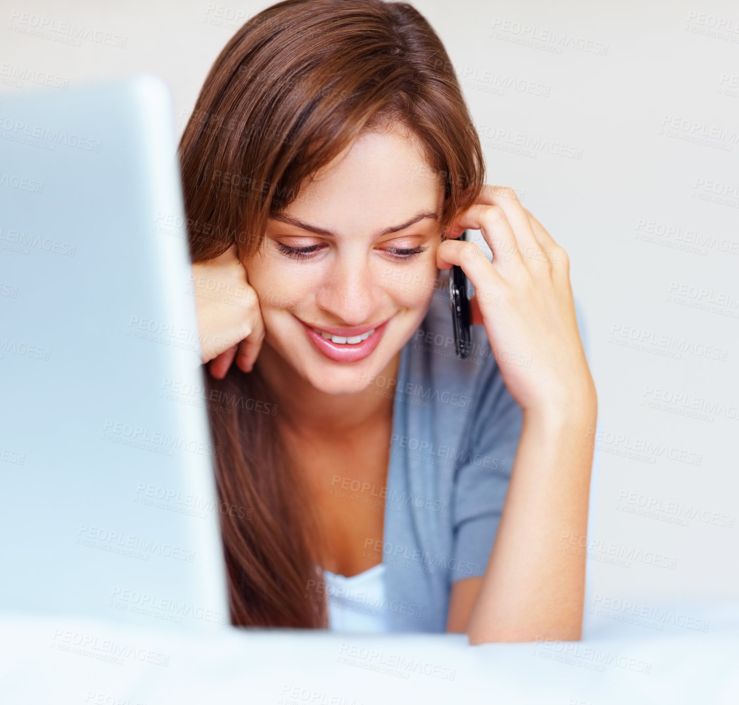 Buy stock photo Phone call, laptop and woman on bed in morning, networking and communication in home. Wake up, smile and happy girl with cellphone, computer and conversation for connection, advice and online chat.