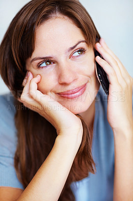 Buy stock photo Woman, phone call and thinking with smile in home for communication, contact or ideas on mobile network. Girl, smartphone and listen for vision, decision or choice in conversation, networking or chat