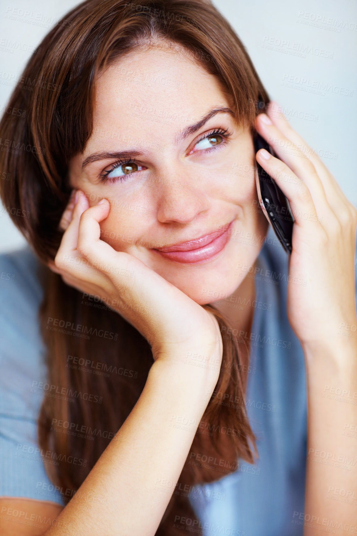 Buy stock photo Woman, phone call and thinking with smile in home for communication, contact or ideas on mobile network. Girl, smartphone and listen for vision, decision or choice in conversation, networking or chat