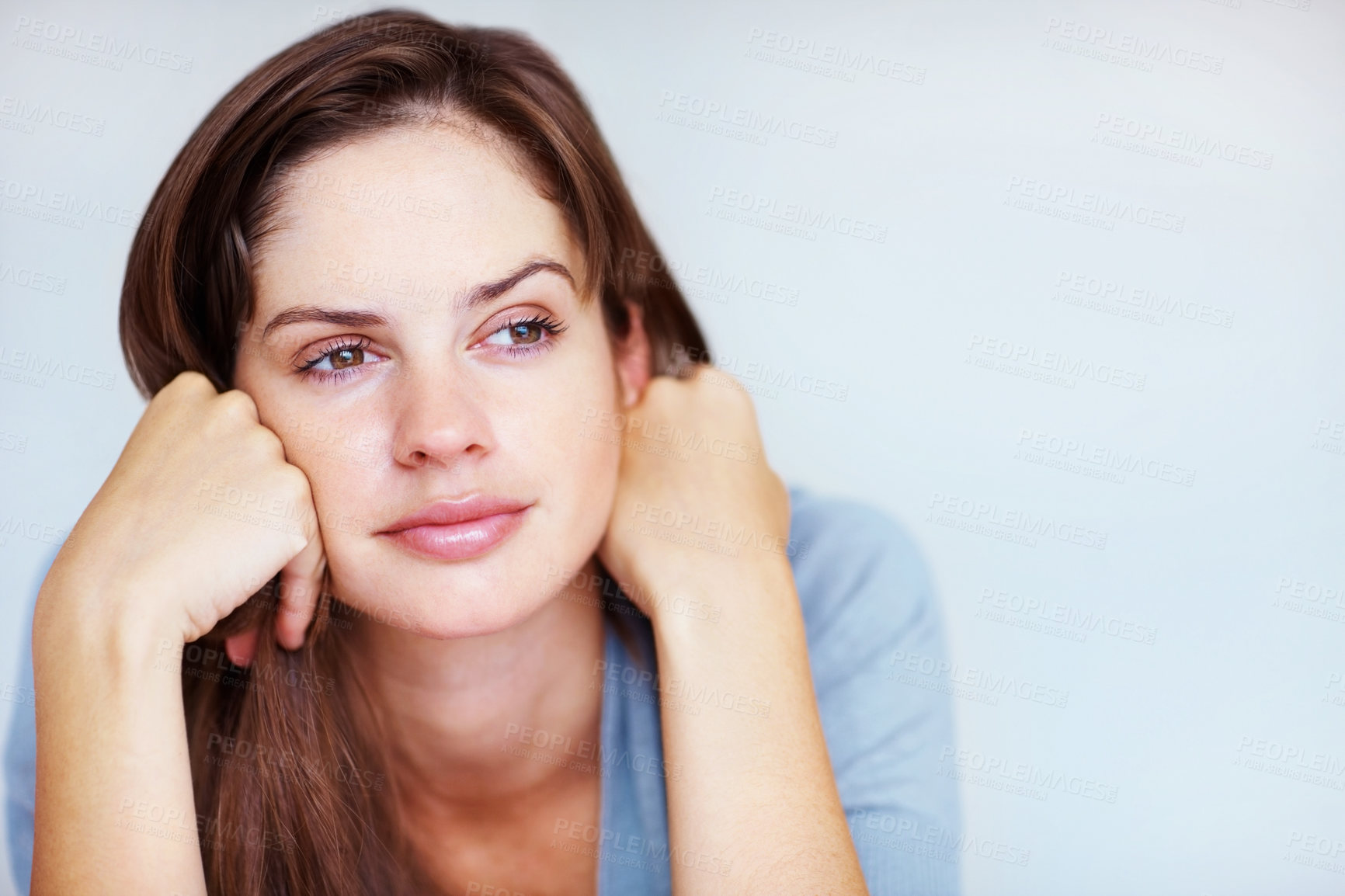 Buy stock photo Rest, thinking and face of woman in bedroom for sleeping, dreaming and comfortable at home. Wondering, thoughtful and person in relax, reflect and wake up for health, wellness and calm in morning