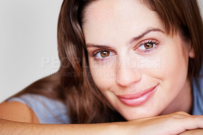 Buy stock photo Woman, portrait and relax closeup for happy weekend rest, lazy holiday nap or calm peace. Female person, face and smile for wellness cozy or comfort on duvet for dream vacation, morning in apartment