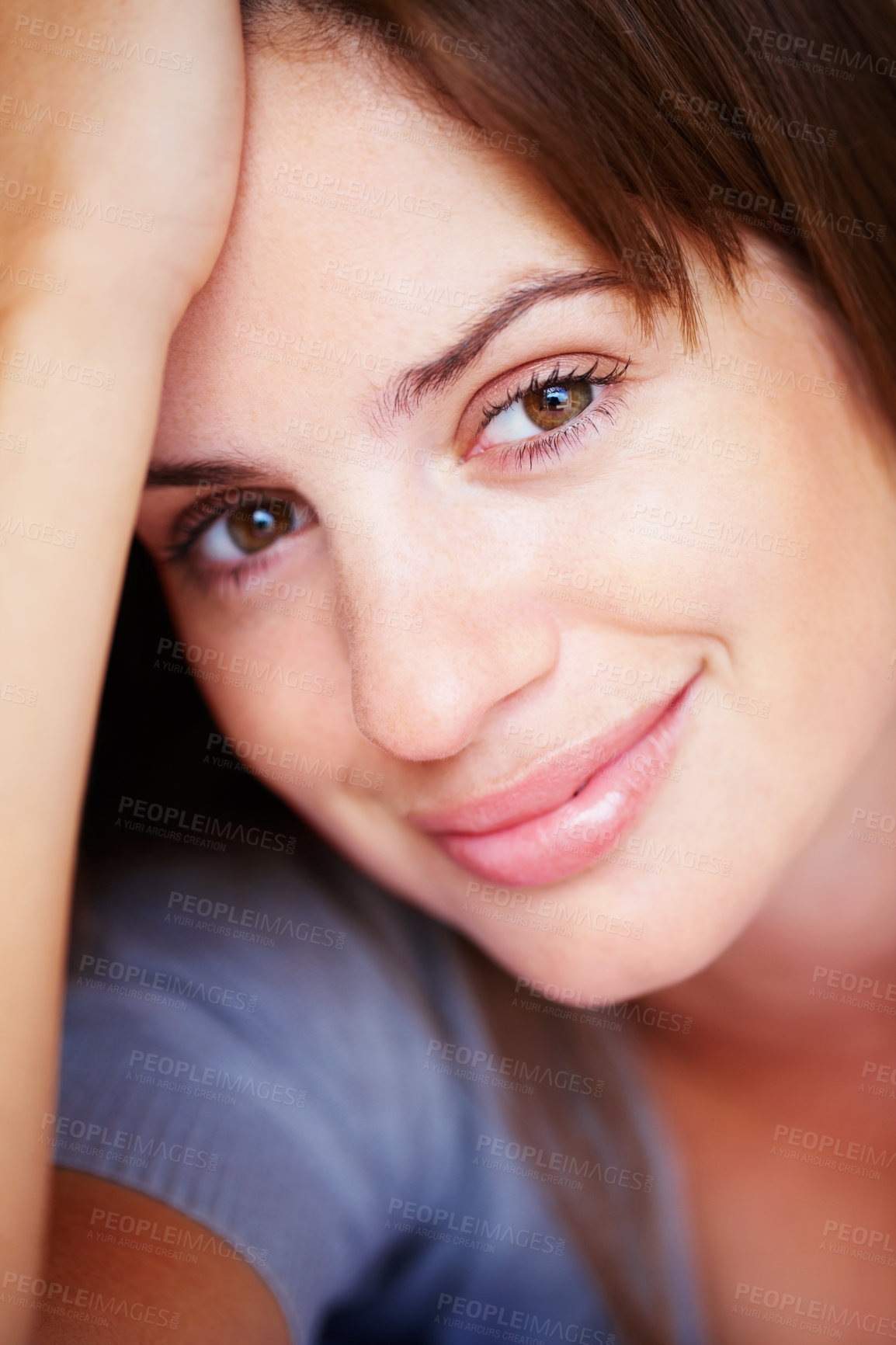 Buy stock photo Happy, relax and portrait of woman with beauty and positive attitude, confidence and calm in home. Attractive, house and face closeup of person with joyful, smile and cheerful facial expression