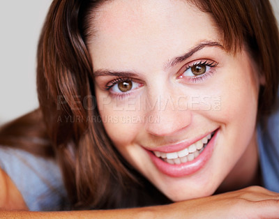 Buy stock photo Happy, smile and portrait of woman with beauty and positive attitude, confidence and relaxing in home. Attractive, rest and face closeup of person with joy, cheerful and excited facial expression