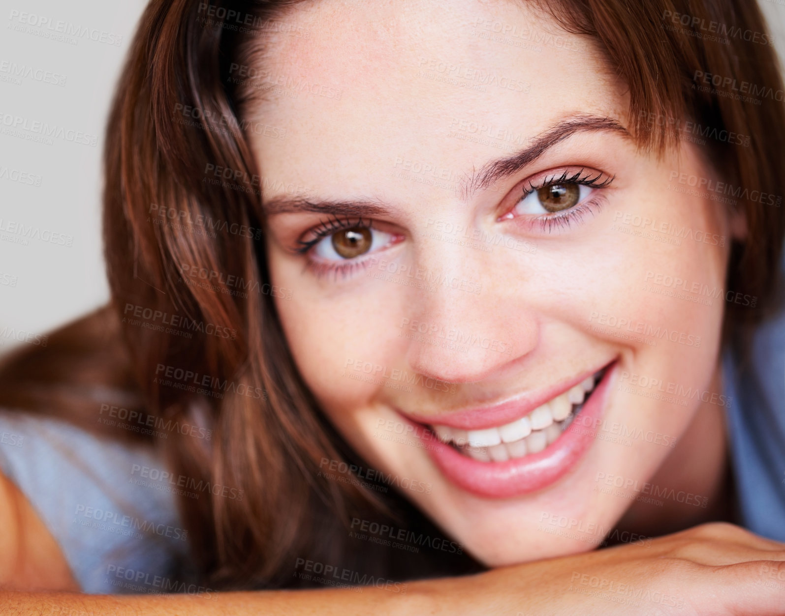 Buy stock photo Happy, smile and portrait of woman with beauty and positive attitude, confidence and relaxing in home. Attractive, rest and face closeup of person with joy, cheerful and excited facial expression