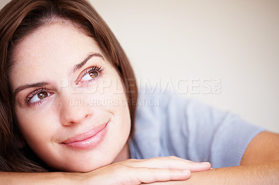 Buy stock photo Rest, thinking and face of woman in home for wonder, daydreaming and comfortable in house. Ideas, thoughtful and person for plans, reflection and wake up for health, wellness and calm in morning