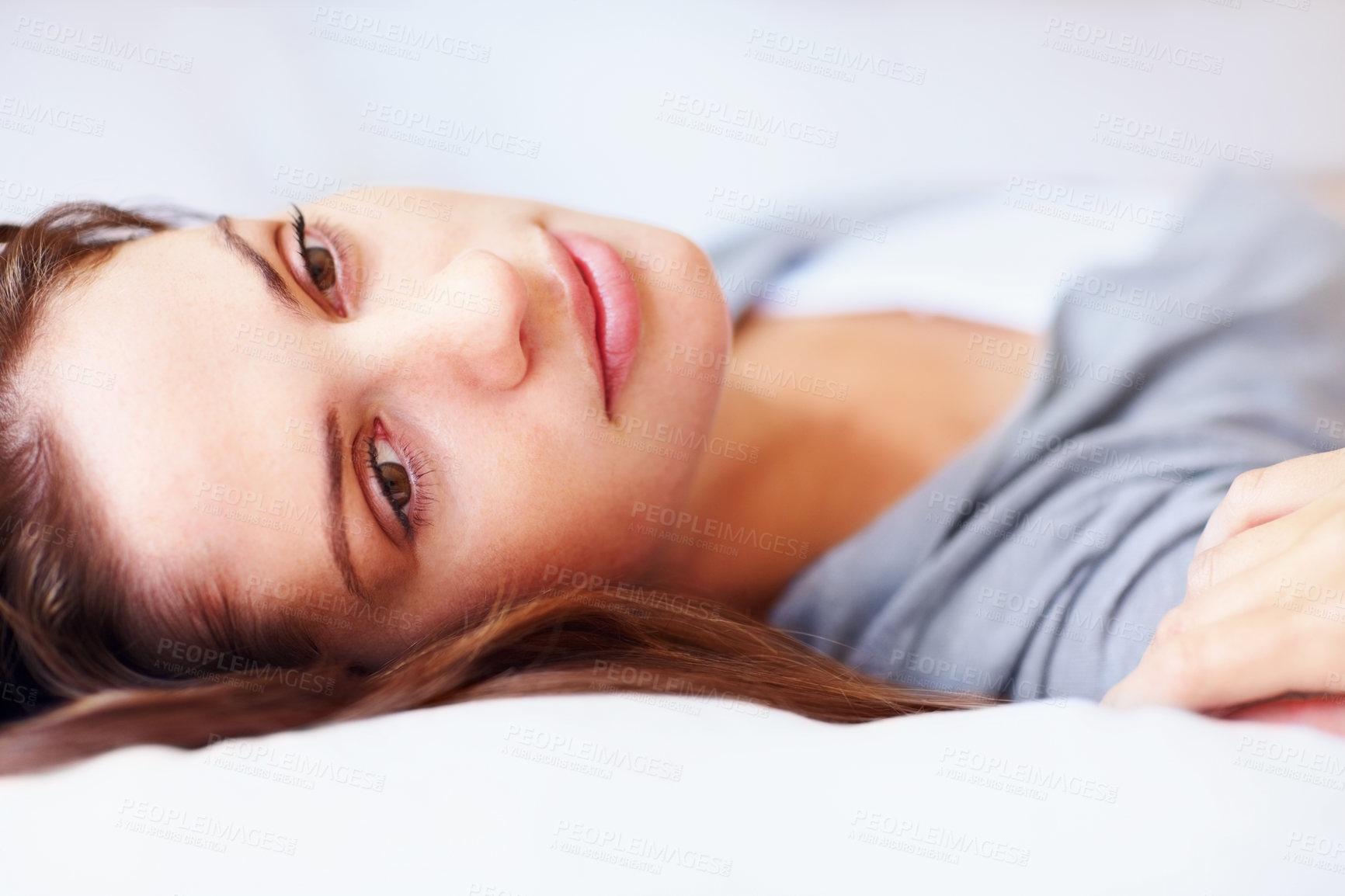Buy stock photo Thinking, home and woman on bed for rest, daydreaming and comfortable on weekend. Apartment, morning and face of person in bedroom to relax, nap and wake up for mental health, wellness and calm