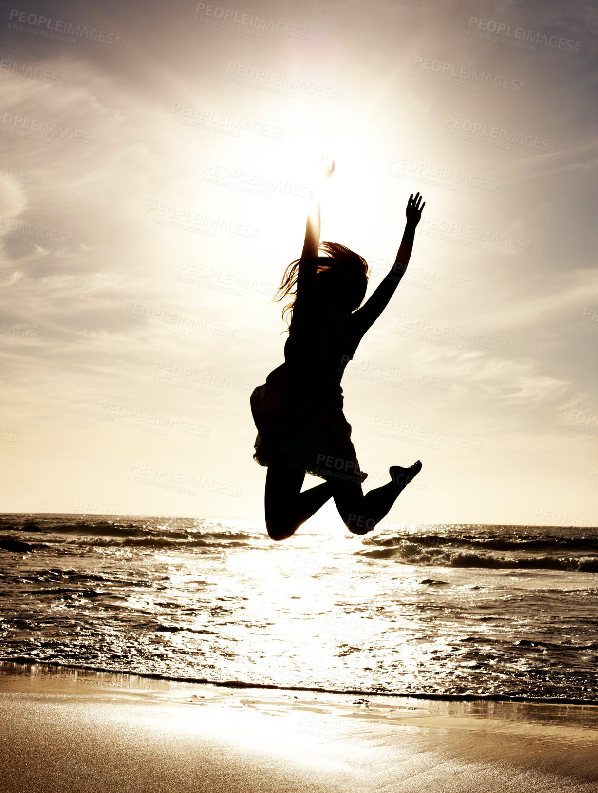 Buy stock photo Portrait of a pretty young lady jumping at sea shore - Outdoor