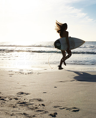 Buy stock photo Silhouette, woman surfer running on beach sand and sea, exercise outdoor with surfboard to surf in nature. Sports, shadow and sun with female person run to ocean waves for surfing and mockup space