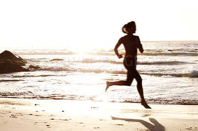 Buy stock photo Silhouette, woman and sunset with ocean for runner with fitness or outdoor training in nature with travel. Scenic, health and sand on beach coast for workout with cardio, sky and sports athlete.