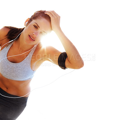 Buy stock photo Fitness, music and tired woman in studio isolated on white background mockup space. Fatigue, sports and model on break for resting, relax or listen to sound after exercise for body health with flare