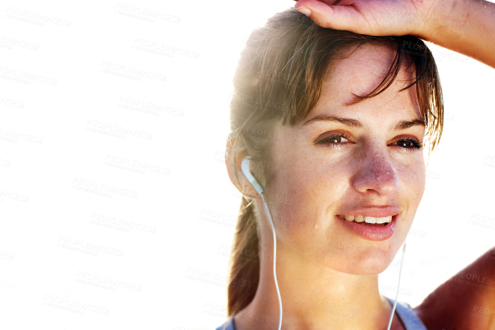 Buy stock photo Closeup portrait of a tired young lady against bright background