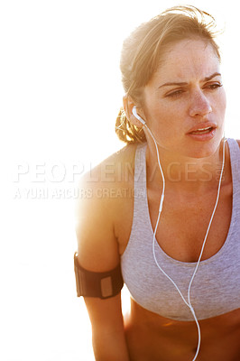 Buy stock photo Tired, woman thinking or runner with earphones in fitness for sports, training and exercise on white background. Face, fatigue or athlete listening to podcast or streaming music for running workout