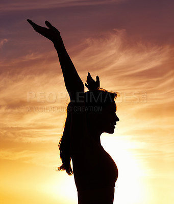 Buy stock photo Silhouette, freedom and woman on beach for vacation, holiday and adventure in Puerto Rico. Scenic view, sunset and girl by orange sky for peace, relax or carefree and summer in ocean for wellness