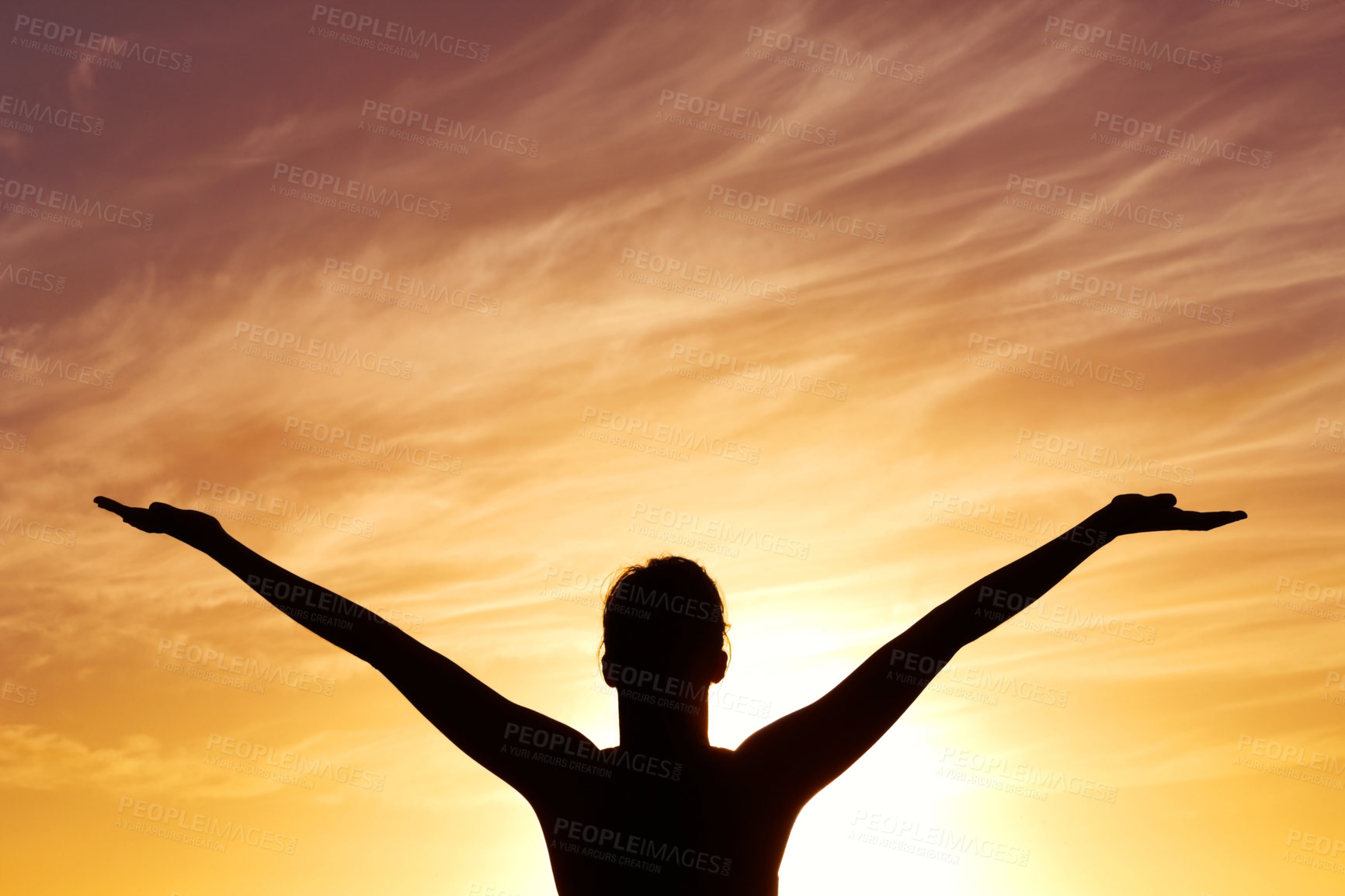 Buy stock photo Silhouette, sunset with person, open arms and freedom outdoor, orange sky with fresh air and celebrate life. Meditation, wellness and healing with peace, shadow and horizon with worship or spiritual