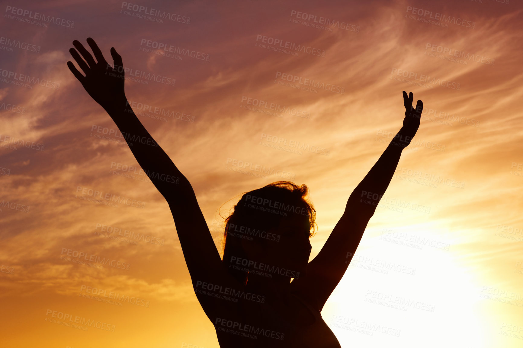 Buy stock photo Silhouette, sunset and woman open arms and freedom outdoor, orange sky with fresh air and celebrate life. Meditation, wellness and peace in nature with shadow, female person with healthy mindset