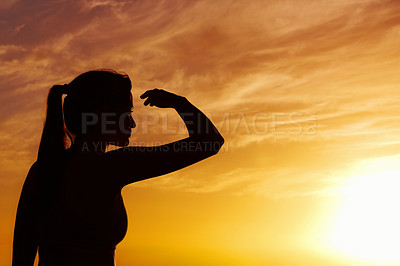 Buy stock photo Silhouette, thinking and girl by sunset outdoor for vacation, holiday and adventure in Puerto Rico. Scenic view, travel and woman by orange sky for peace, relax and ideas in nature for wellness